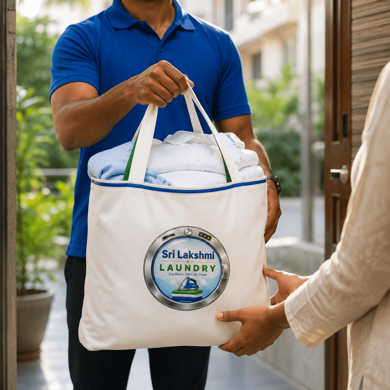 Sri Lakshmi Laundry doorstep pickup with a fresh laundry bag